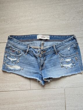 Hollister Blue Distressed Denim Shorts with Crystal Accents